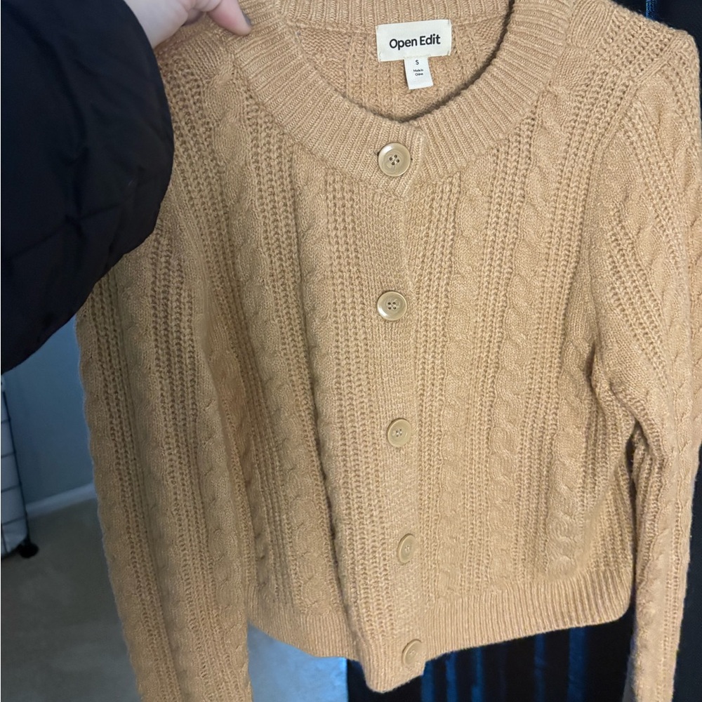 Open Edit Women's Cable Knit Cardigan - Tan